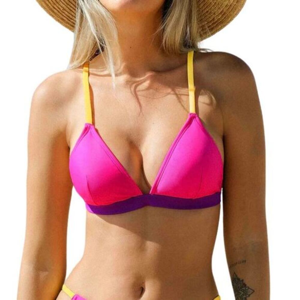 Cupshe Women's Pink & Purple Alegria V Neck Yellow‎ Strappy Swim Top Size Large